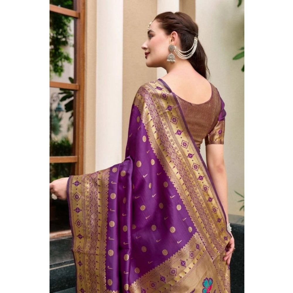 Generic Women's Silk Blend Paithani Weaving Saree With Unstitched Blouse 5.5Mtr (Purple)