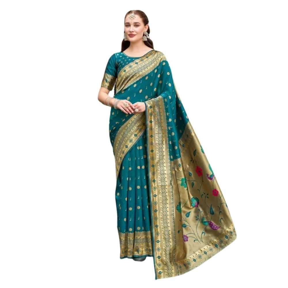 Generic Women's Silk Blend Paithani Weaving Saree With Unstitched Blouse 5.5Mtr (Rama)