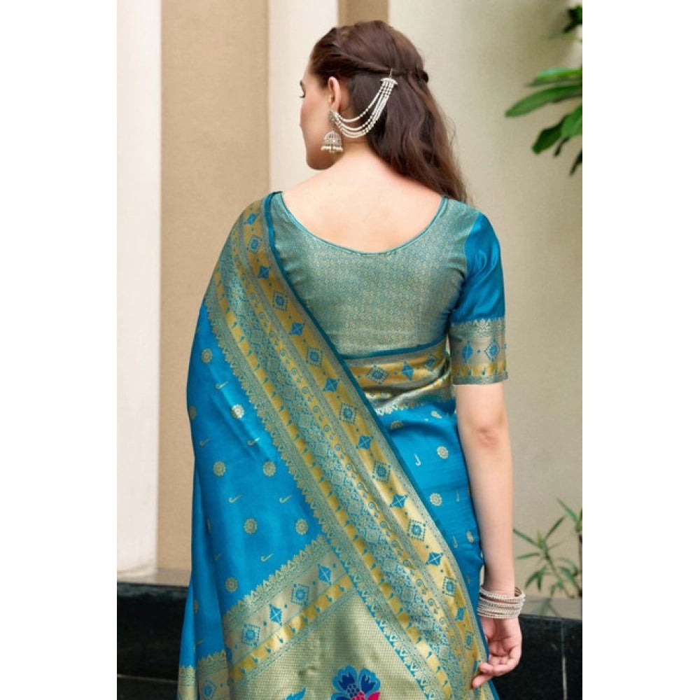 Generic Women's Silk Blend Paithani Weaving Saree With Unstitched Blouse 5.5Mtr (Turquoise)