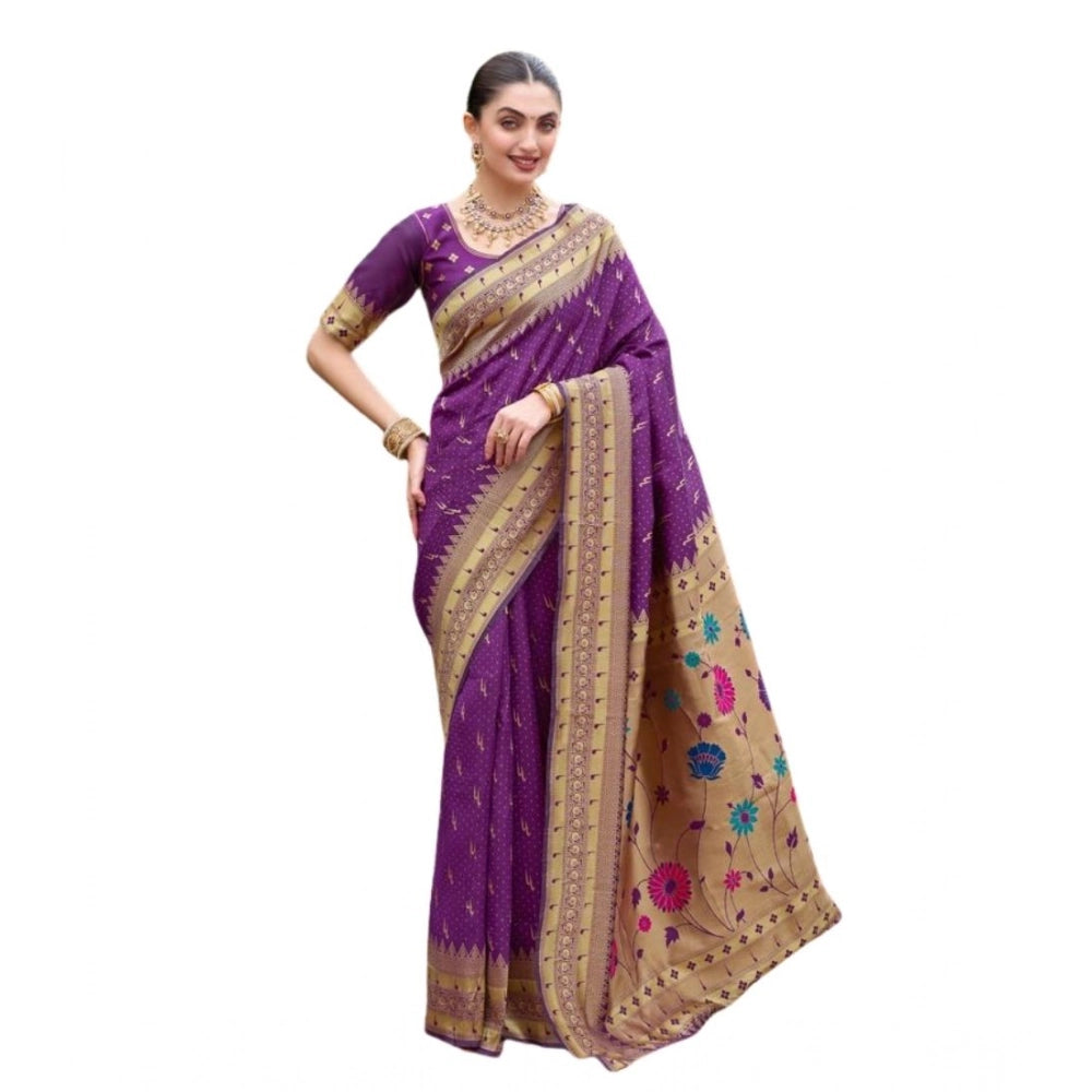 Generic Women's Silk Blend Zari Woven Saree With Unstitched Blouse 5.5Mtr (Purple)
