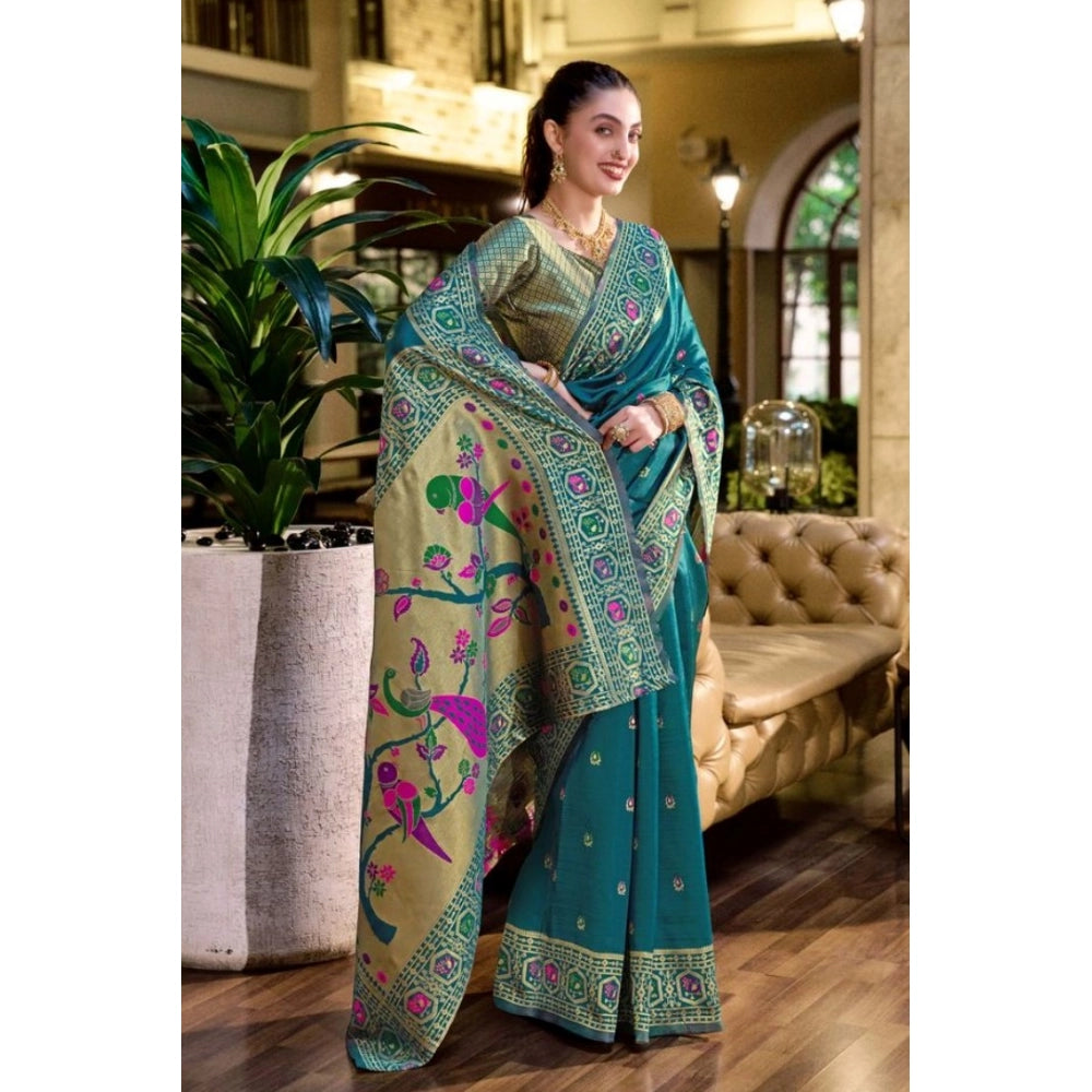 Generic Women's Silk Blend Paithani Weaving Saree With Unstitched Blouse 5.5Mtr (Teal)