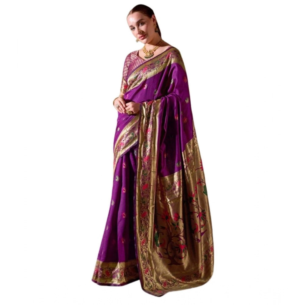 Generic Women's Silk Blend Zari Woven Saree With Unstitched Blouse 5.5Mtr (Purple)