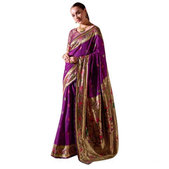 Generic Women's Silk Blend Zari Woven Saree With Unstitched Blouse 5.5Mtr (Purple)