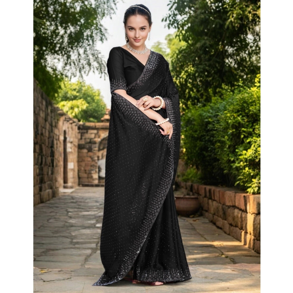 Generic Women's Rangoli Diamond Weaving - Stone Work Saree With Unstitched Blouse 5.5Mtr (Black)