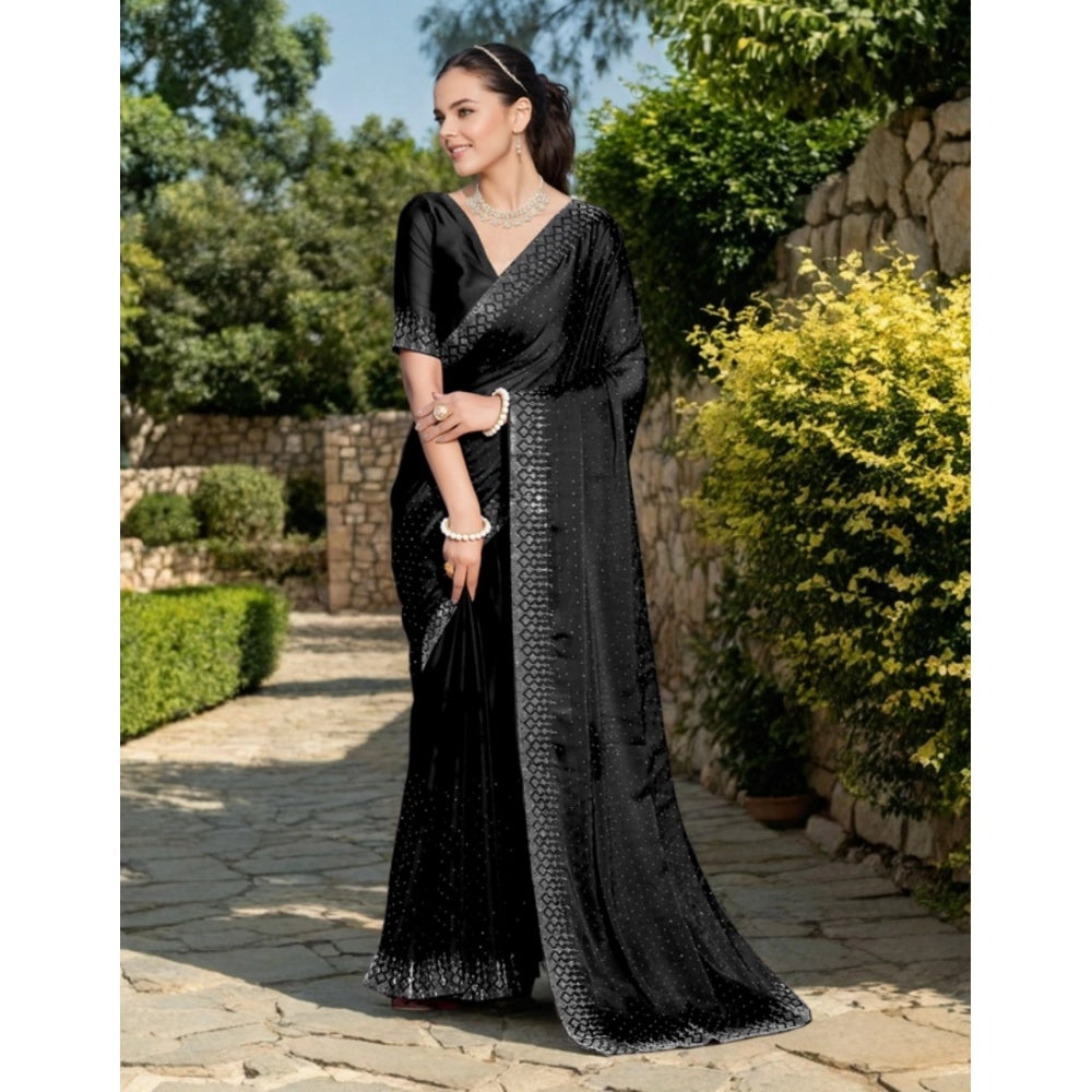 Generic Women's Rangoli Diamond Weaving - Stone Work Saree With Unstitched Blouse 5.5Mtr (Black)