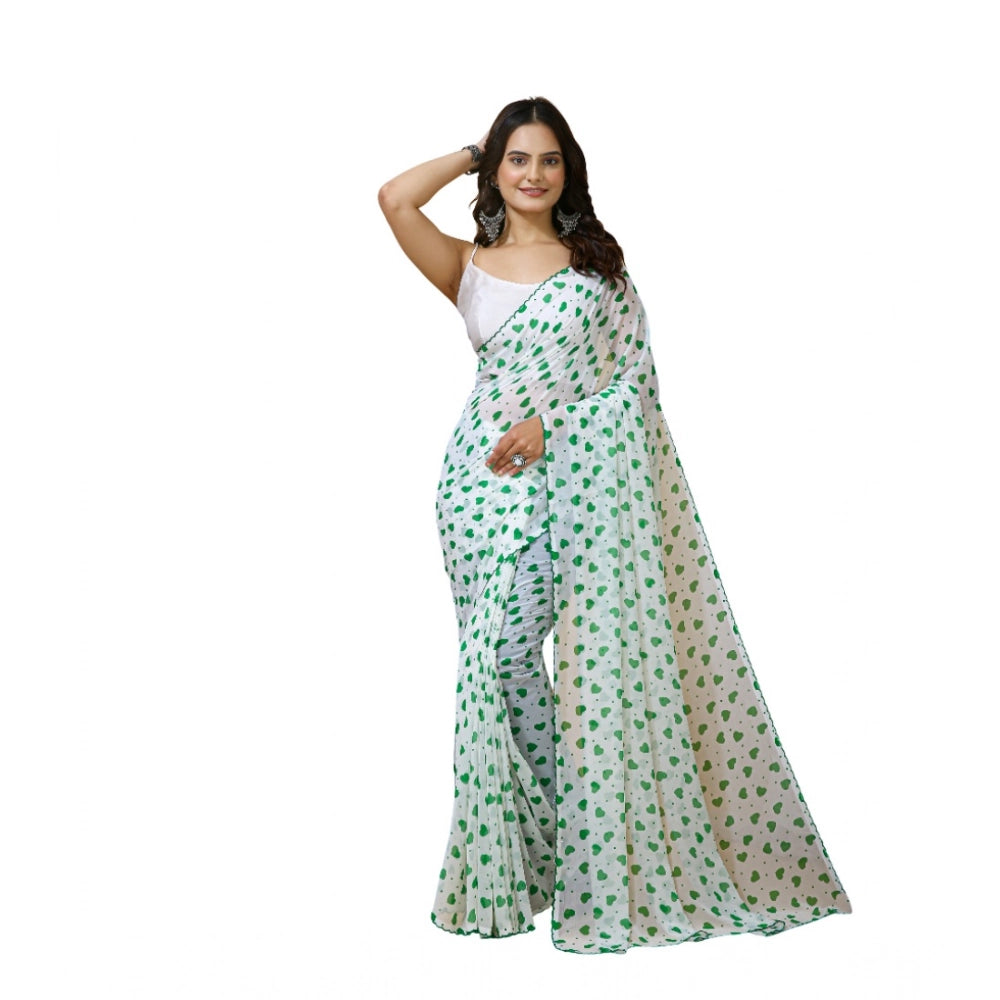 Generic Women's Georgette Printed Saree With Unstitched Blouse 5.5Mtr (White-Green)