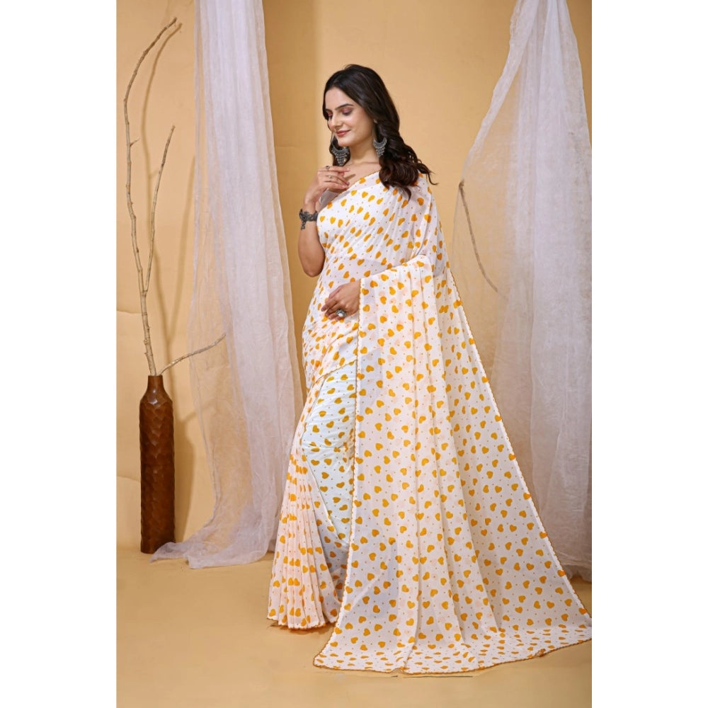 Generic Women's Georgette Printed Saree With Unstitched Blouse 5.5Mtr (White-Yellow)