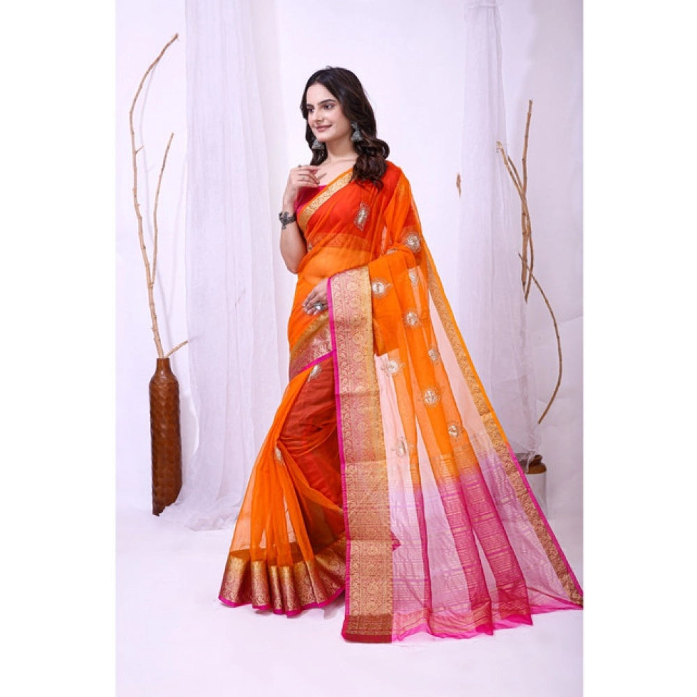 Generic Women's Organza jacquard Embellished Saree With Unstitched Blouse 5.5Mtr (Orange)