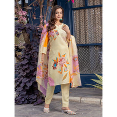 Generic Women's Cotton Blend Printed Kurti With Pant Dupatta Set (Cream)