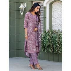 Generic Women's Cotton Blend Printed Kurti With Pant Dupatta Set (Lavender)
