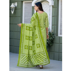 Generic Women's Cotton Blend Printed Kurti With Pant Dupatta Set (Parrot)