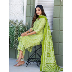 Generic Women's Cotton Blend Printed Kurti With Pant Dupatta Set (Parrot)