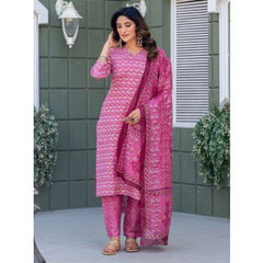 Generic Women's Cotton Blend Printed Kurti With Pant Dupatta Set (Pink)