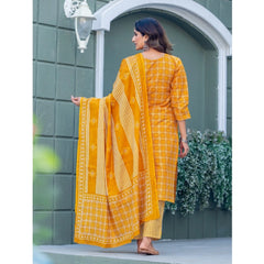 Generic Women's Cotton Blend Printed Kurti With Pant Dupatta Set (Yellow)