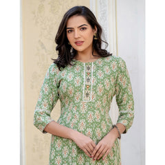 Generic Women's Rayon  Print With Embroidery Work A-Line Kurti (Green)
