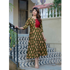Generic Women's Rayon Print With Embroidery Work A-Line Kurti (Dark Green)