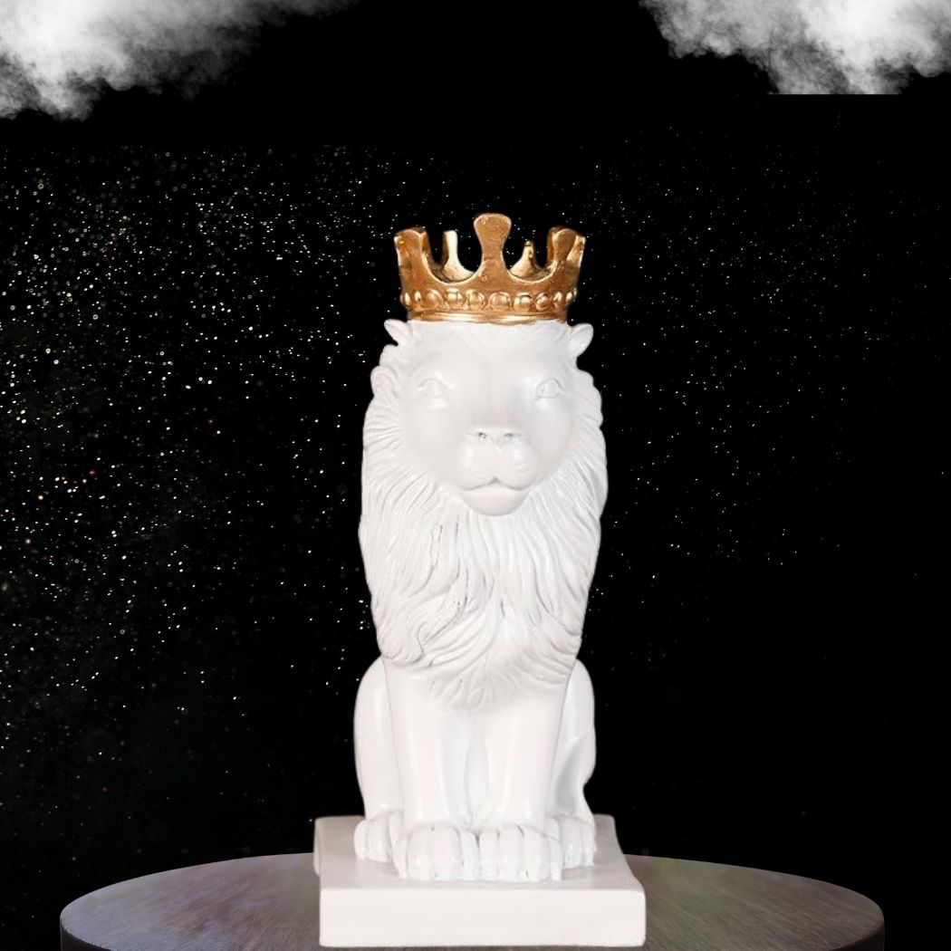 Lion Statue with Gold Crown, King of The Forest Lion Statue,Glod Crown Lion Figurine (White)