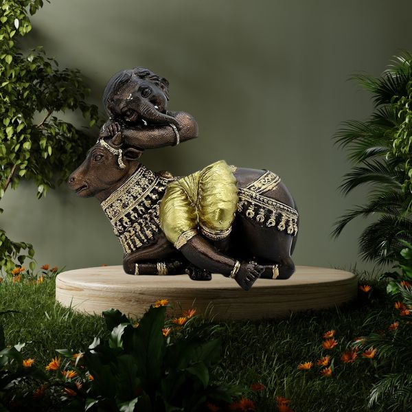 Ganesha on Nandi Cow Figurine  Bronze and Gold Finish, Handmade Hindu Idol, Religious Idol