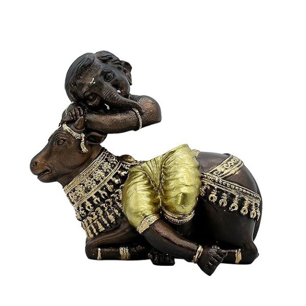 Ganesha on Nandi Cow Figurine  Bronze and Gold Finish, Handmade Hindu Idol, Religious Idol