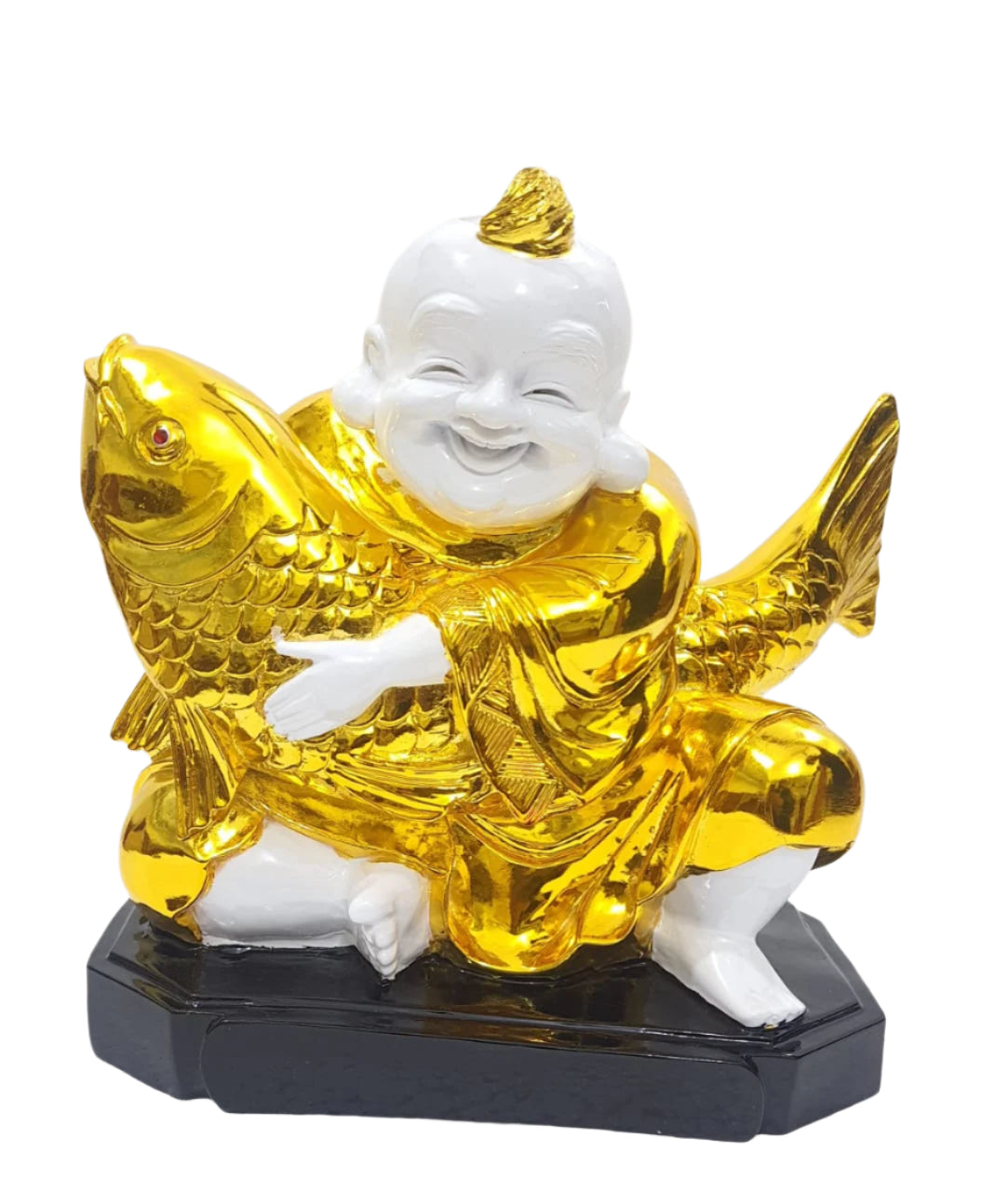 Happy Monk with Fish Statue | White Gold Polyresin Feng Shui Idol | Wealth & Joy Home Decor