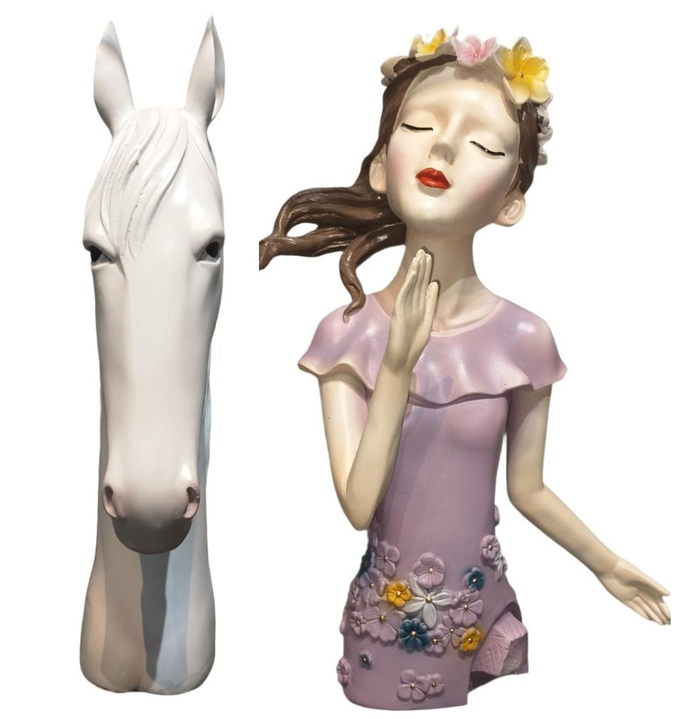 Decorative Girl & Horse Bust Statue Set