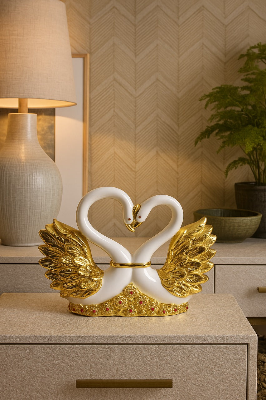 Heart Shape Swan Couple Showpiece | White Gold Romantic Home Decor | Love Gift Item