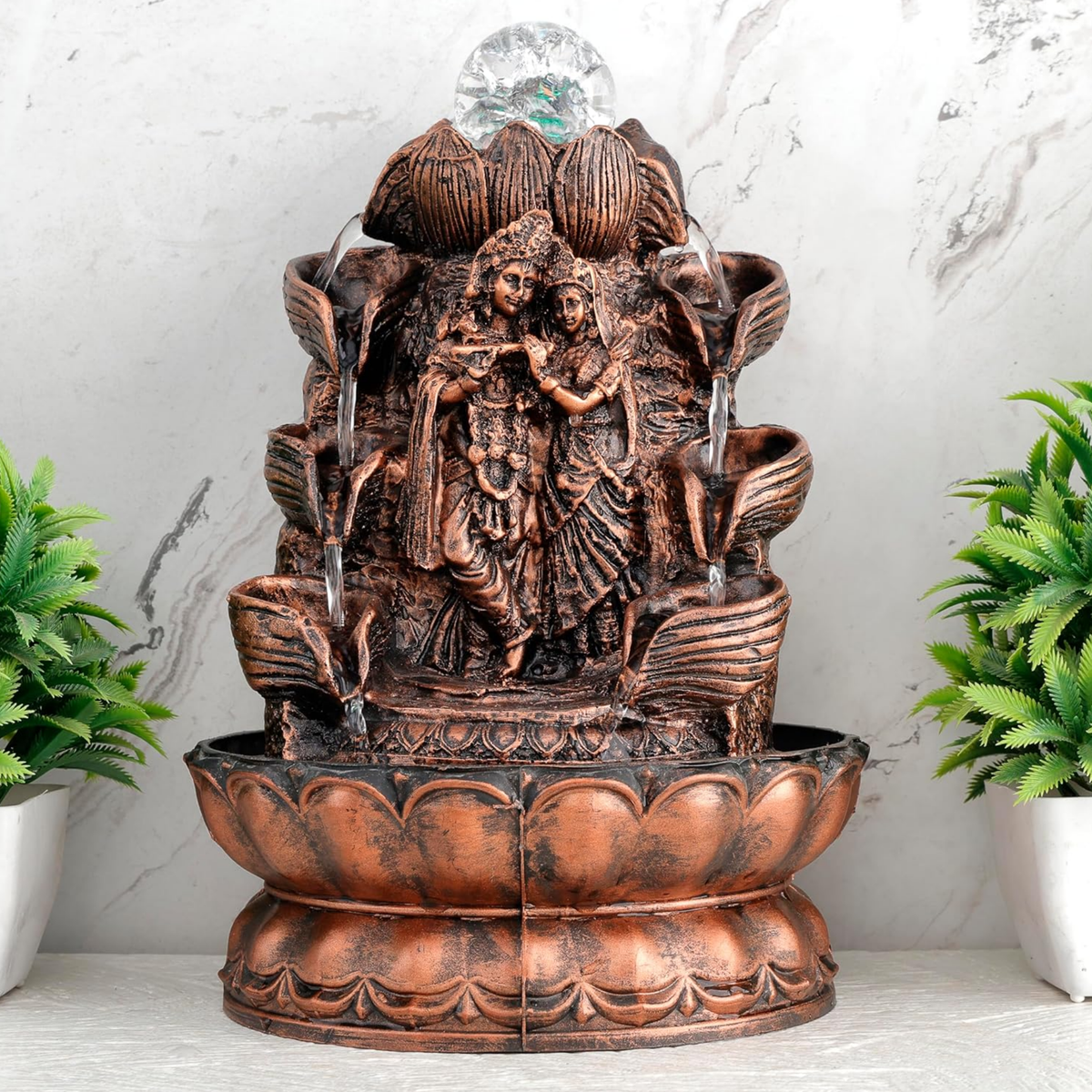Radha Krishna Fountain Statue | Antique Finish Resin Water Feature | Spiritual Tabletop Decor for Home & Office