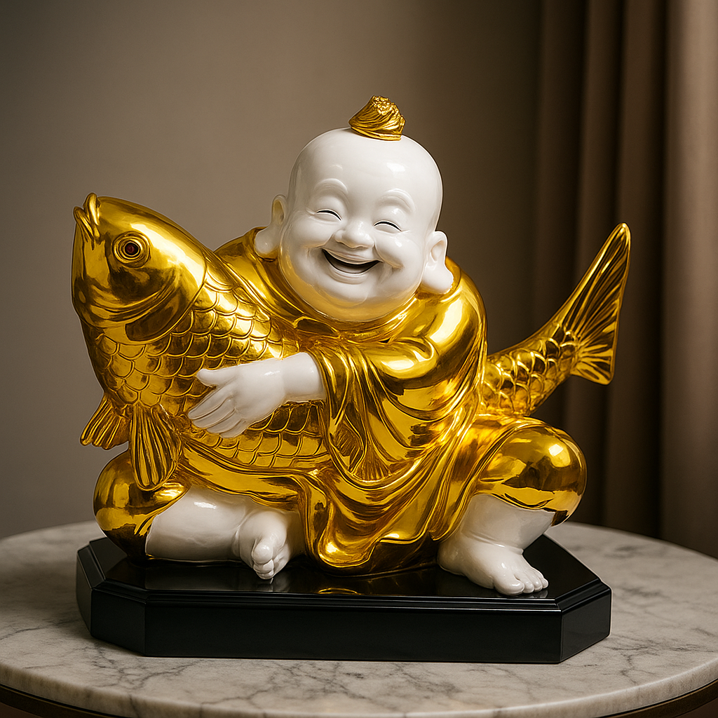 Happy Monk with Fish Statue | White Gold Polyresin Feng Shui Idol | Wealth & Joy Home Decor