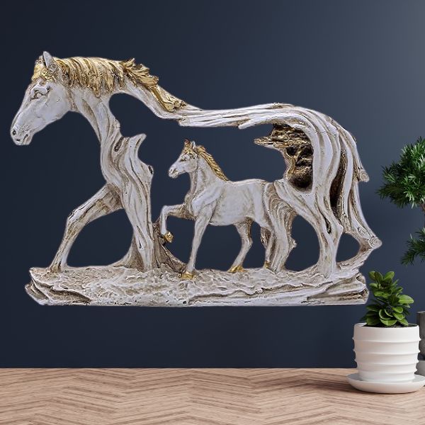 Polyresin Horse in Horse Statue, Pearl White & Golden, 7.5 x 11 inches, for Home Decor, Gifting