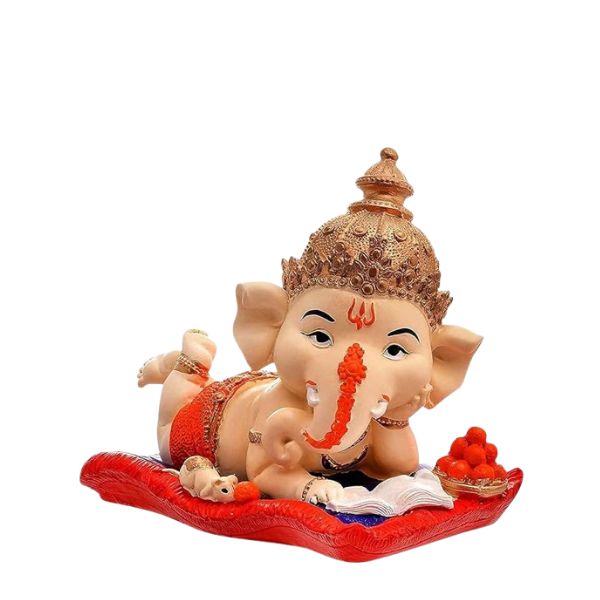 "Polyresin Lord Ganesha Reading Book & Enjoying Ladoo Showpiece":