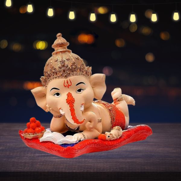 "Polyresin Lord Ganesha Reading Book & Enjoying Ladoo Showpiece":