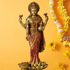 Laxmi Ji Standing Idol Statue for Home Temple, 10 Inch Height | Handmade Hindu Idol