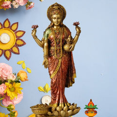 Laxmi Ji Standing Idol Statue for Home Temple, 10 Inch Height | Handmade Hindu Idol
