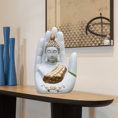 Polyresin Hand Palm Buddha Idol Showpieces for Living Room,Gift Items for Diwali,Decoration Item for Home d?cor,Table Decorations(White Buddha)