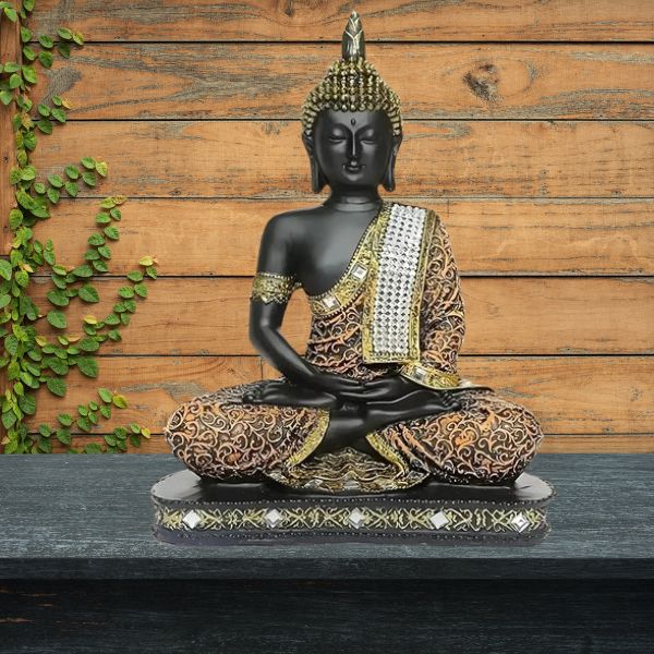 Meditating Sitting Buddha Statue Showpiece Idol ??Home Decor Item for Living Room & Gifts (1, Orange Black)