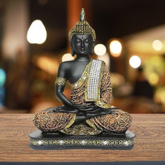 Meditating Sitting Buddha Statue Showpiece Idol ??Home Decor Item for Living Room & Gifts (1, Orange Black)
