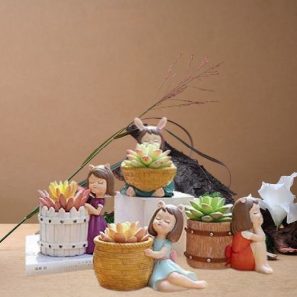 Girls Succulent Planter Pots Resin Creative Flowerpot Plant Container For Home Garden Office Desktop Decoration Multi