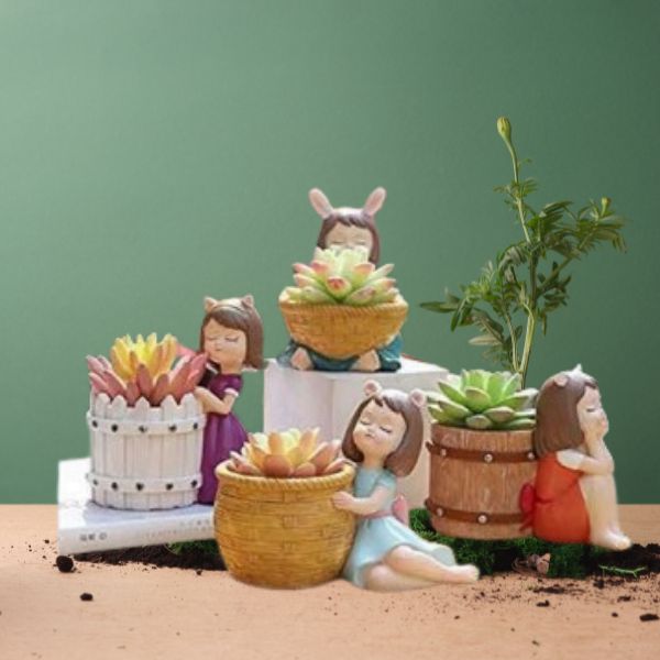Girls Succulent Planter Pots Resin Creative Flowerpot Plant Container For Home Garden Office Desktop Decoration Multi