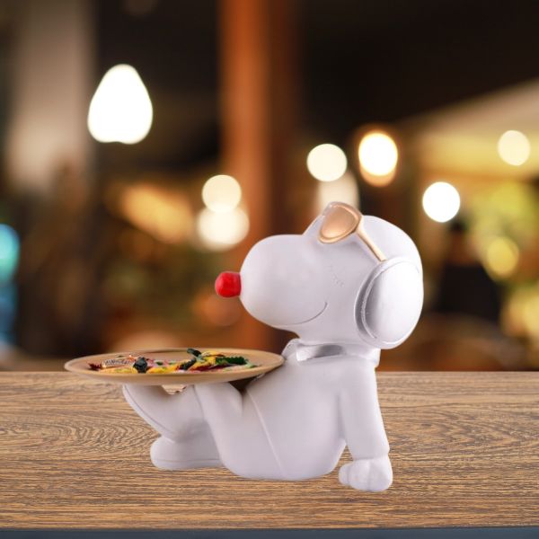 Crazy Dog Platter Decorative White Resin Dog Showpiece for Home Decor, Living Room, Table Decoration for Gifting 8 Inches
