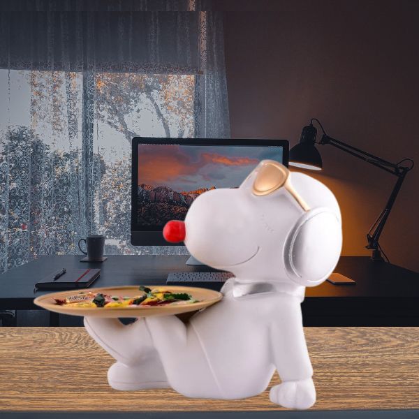 Crazy Dog Platter Decorative White Resin Dog Showpiece for Home Decor, Living Room, Table Decoration for Gifting 8 Inches