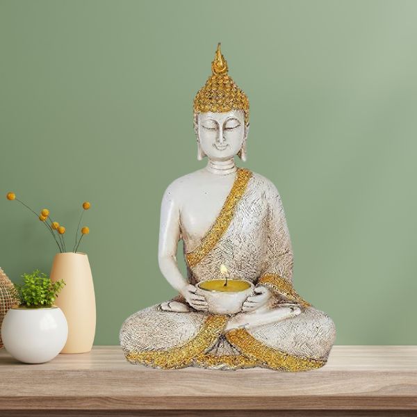 Sitting Buddha Showpiece Statue with Tealight Candle Holder Buddha Statue for Gift and Home Decor,Showpiece