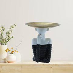 Decorative Figurine Display Stand, White and Black, 6 Inch Height, Gold Serving Plate