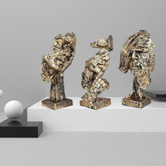 Set of 3 Men Expression Statue Showpiece Figurine Lucky Decorative Items for Home Decor Living Room Office Desktop Decoration & Gifting, Black Golden