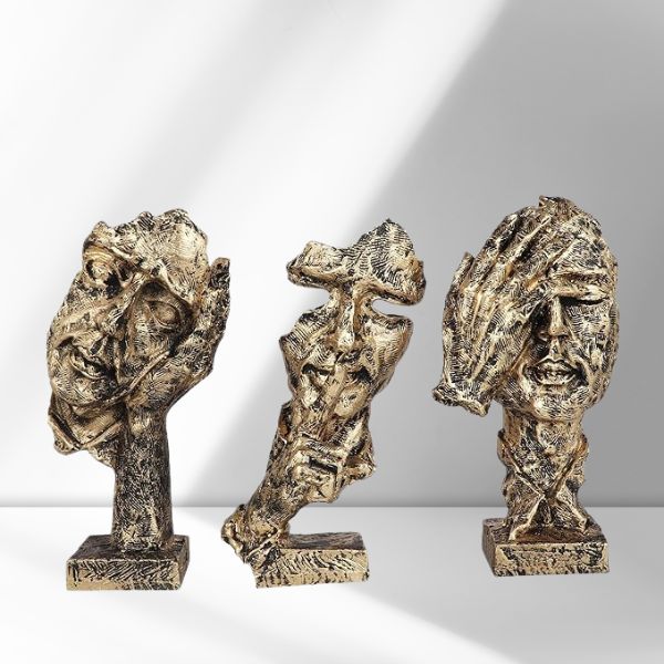Set of 3 Men Expression Statue Showpiece Figurine Lucky Decorative Items for Home Decor Living Room Office Desktop Decoration & Gifting, Black Golden