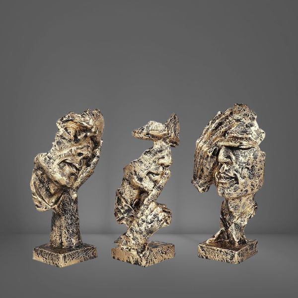 Set of 3 Men Expression Statue Showpiece Figurine Lucky Decorative Items for Home Decor Living Room Office Desktop Decoration & Gifting, Black Golden