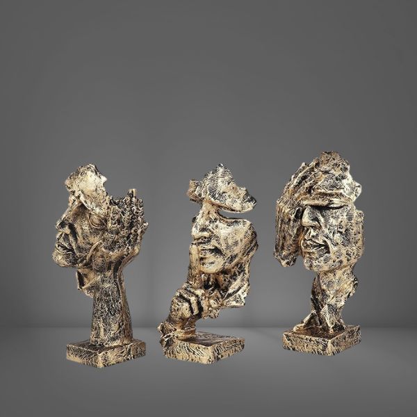 Set of 3 Men Expression Statue Showpiece Figurine Lucky Decorative Items for Home Decor Living Room Office Desktop Decoration & Gifting, Black Golden